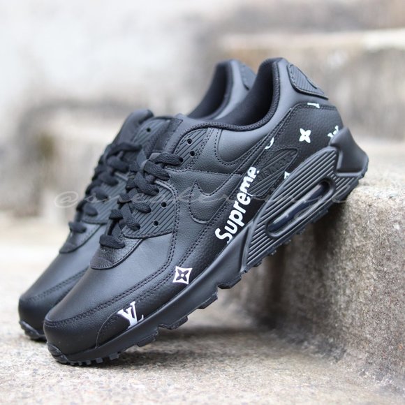 Nike Air Max 90 Black Leather Custom Sneakers NWT - Picture 8 of 9